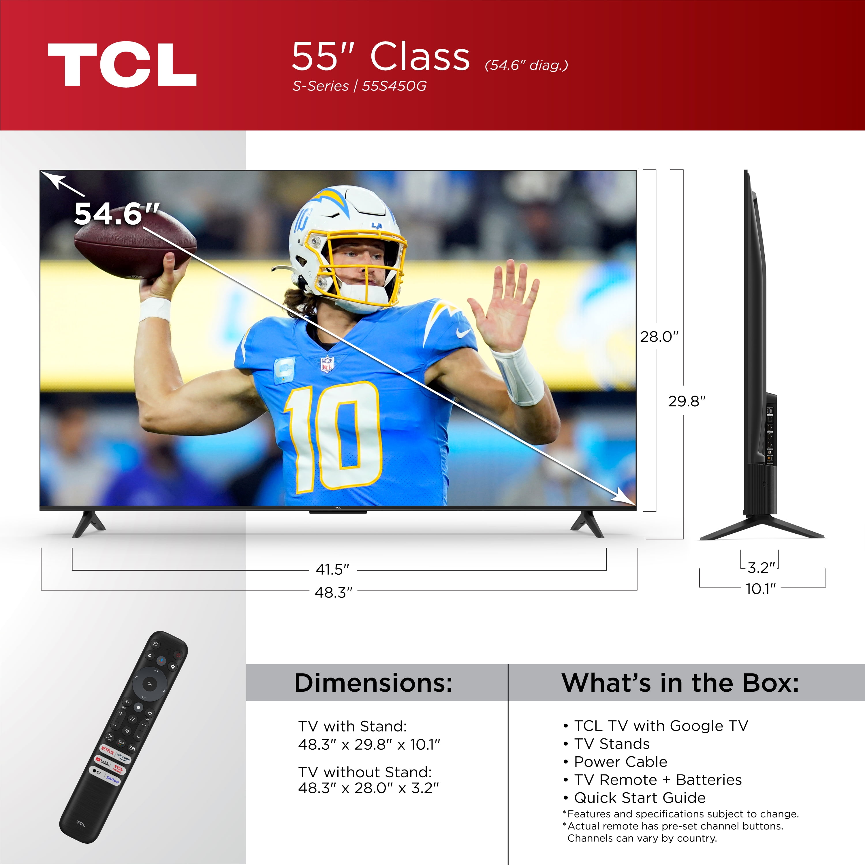 TCL 55” Class S Class 4K UHD HDR LED Smart TV with Google TV, 55S450G
