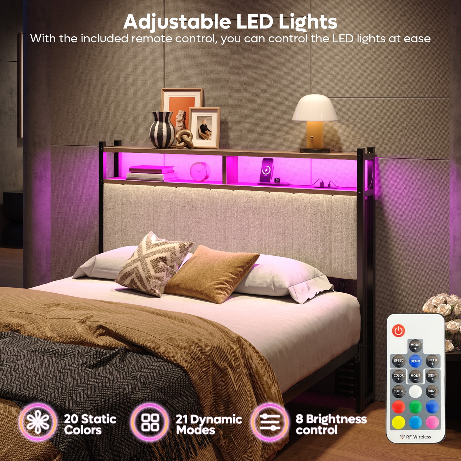 Pinmoco Headboard for Full Size Bed with Storage, Linen Upholstered Headboard with LED & USB Charging, Beige, Headboard Only(Bed Frame Not Included)