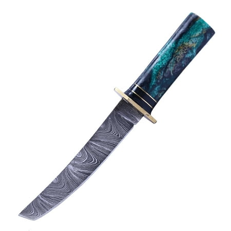 TheBoneEdge 6 Damascus Fixed Blade Green/Yellow/Black Resin Handle Hunting Knife With Sheath