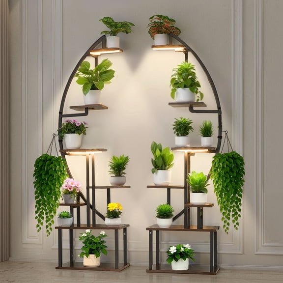 VEVOR Plant Stand Indoor with Grow Lights, 65.5 in Tall 7-Tiered Lighted Plant Shelf,2 Pack Metal Corner Plants Holder,3 Timer & 10 Brightness, Half-Moon Shaped Flower Display Rack for Living Room