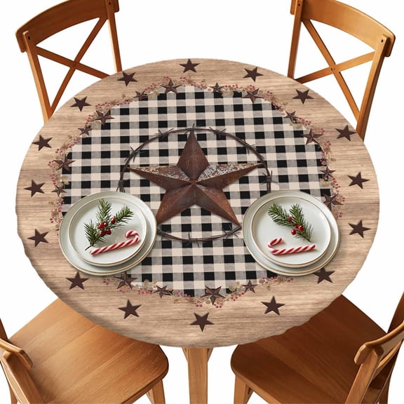 Round Tablecloth Farmhouse Country Star Elastic Edge Fitted Vintage Brown Wood Textured Plastic Table Cover,Waterproof Oil Proof for Dinner,Outdoor, Picnic, 55"- 60" DIA Tables