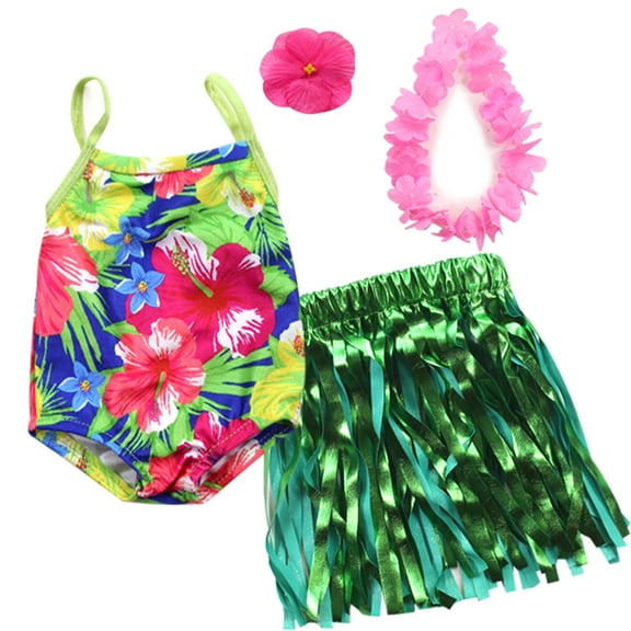 Sophia's Hawaiian Hibiscus Print Bathing Suit, Grass Skirt, Lei and Hair Flower for 18'' Dolls, Multi