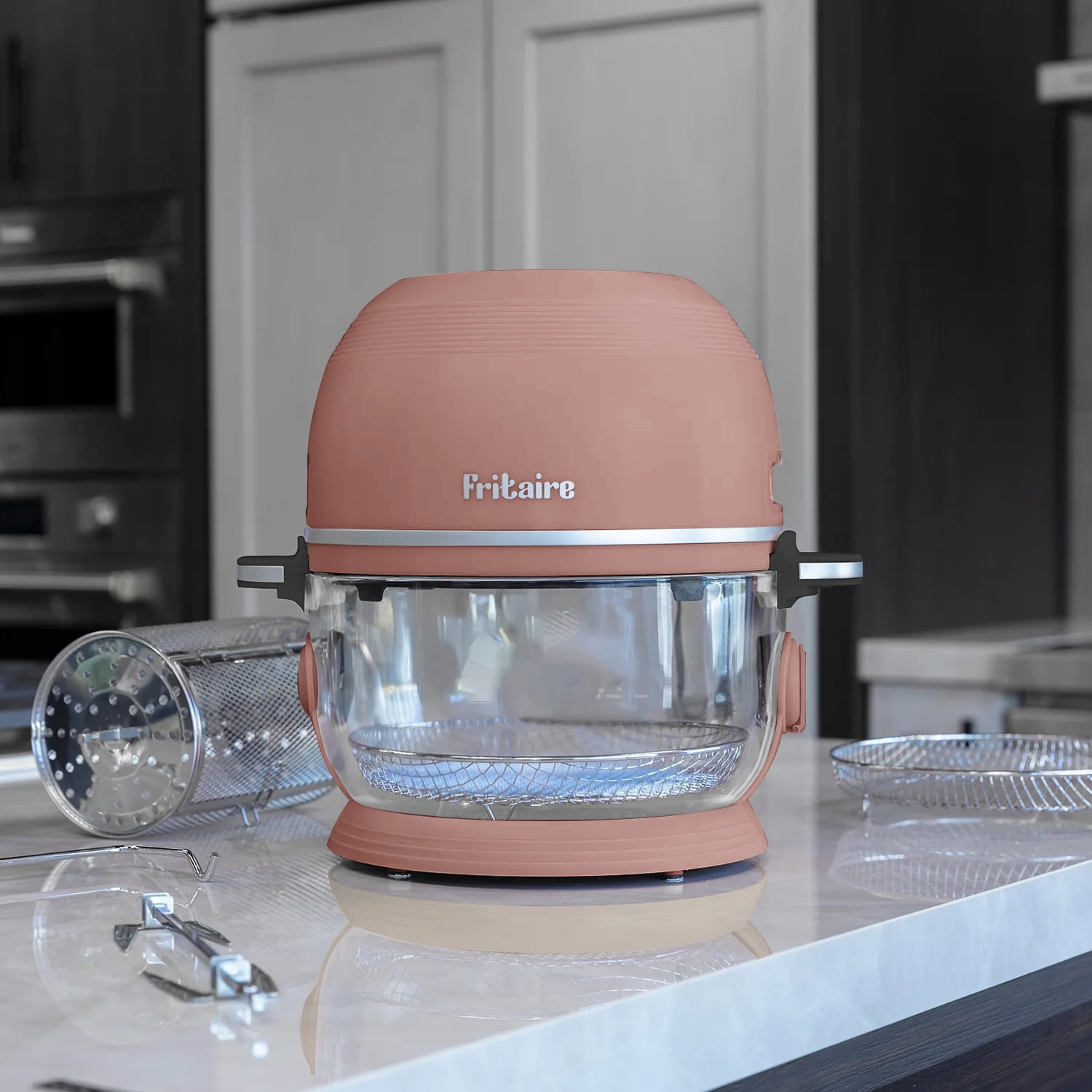 Fritaire Self-Cleaning Glass Bowl Air Fryer, 5 Qt, 6 Functions, BPA Free, Rotisserie/Tumbler, Mauve Rose
