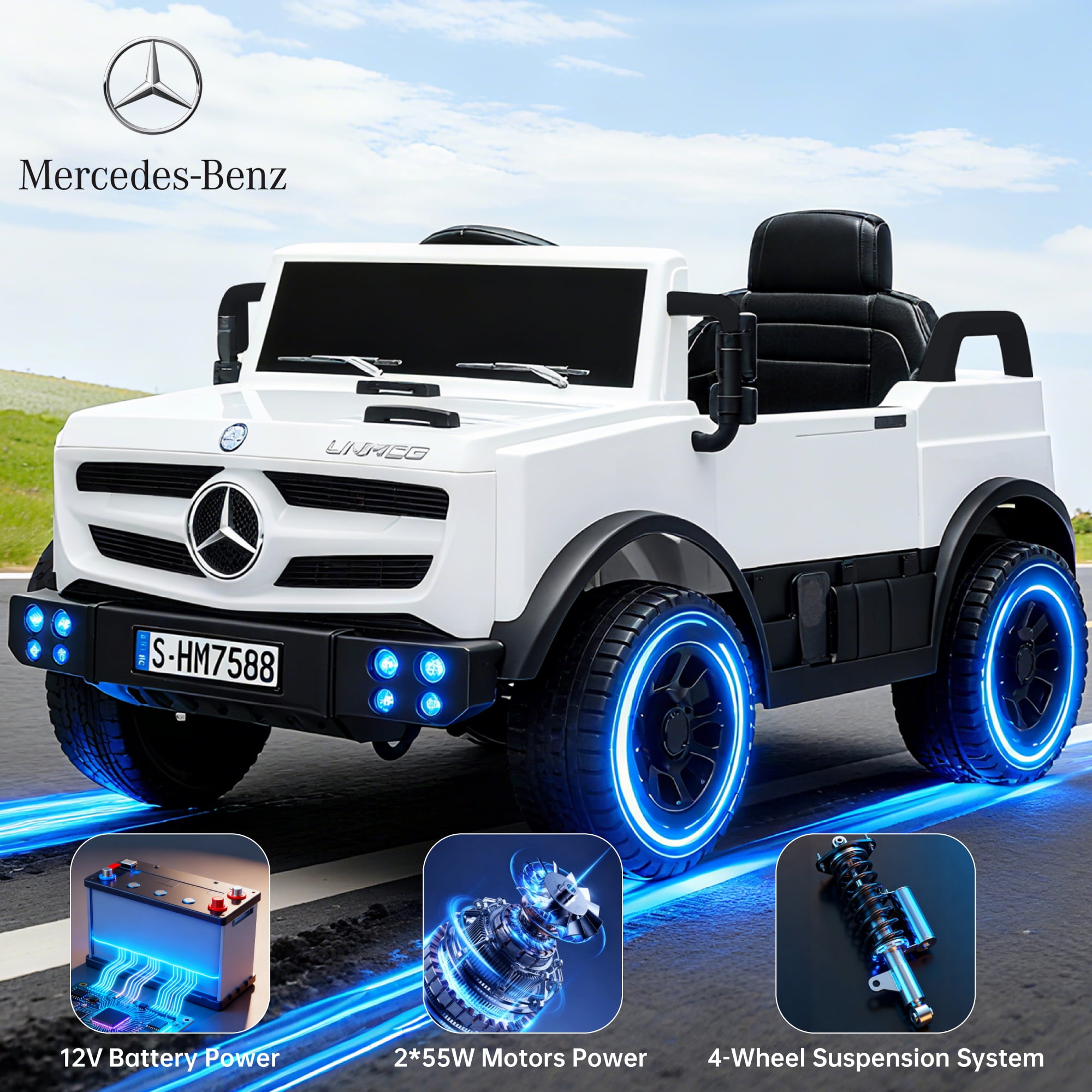 BKIRNP 12V Ride on Toys Electric Car,Licensed Mercedes-Benz Unimog w/Parent Remote Control,Age for 1-4 Boys,Girls,Kids,White