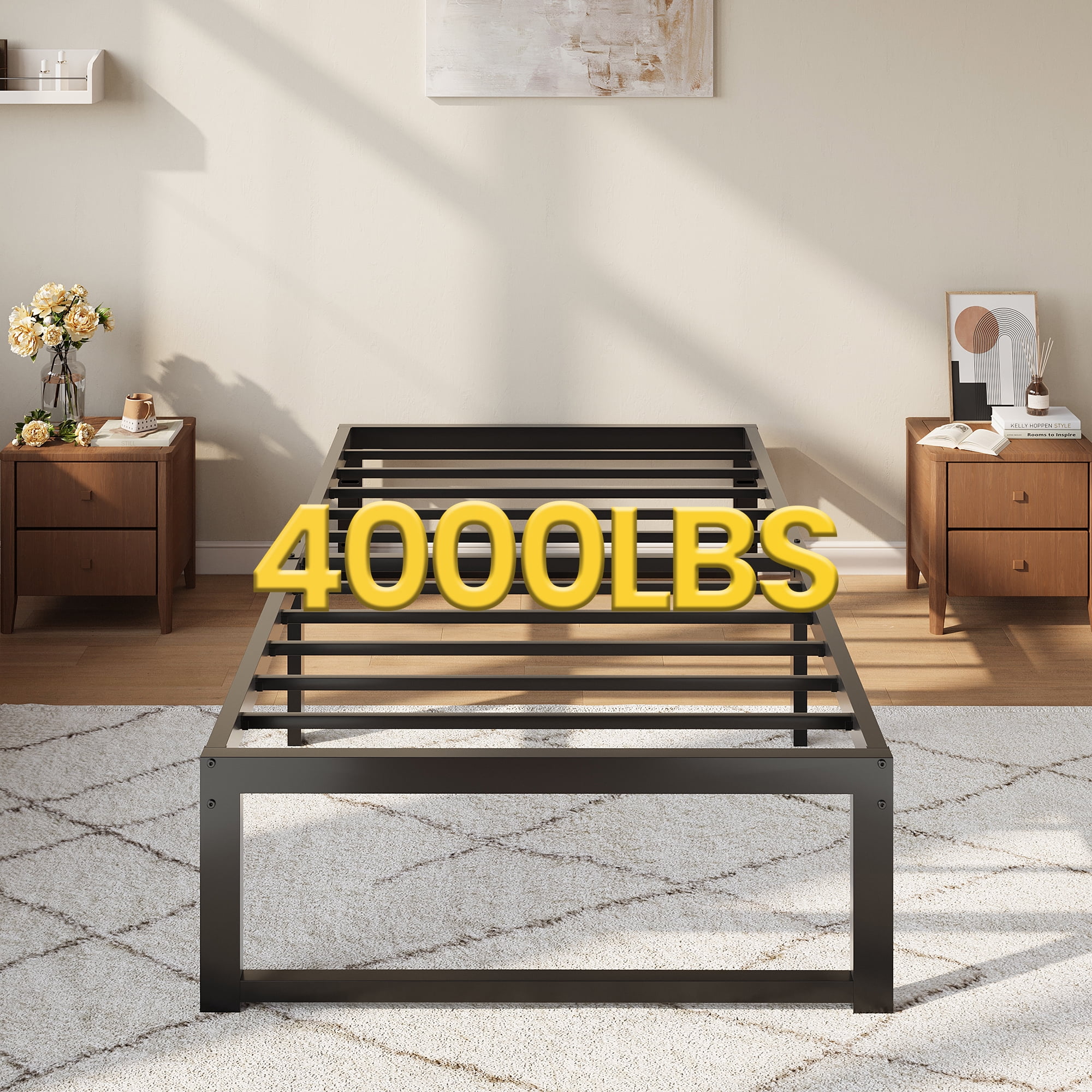 Einfach 14" Twin Bed Frame, Heavy Duty Metal Slat Platform with Ample Underbed Storage, Noise Free, Black