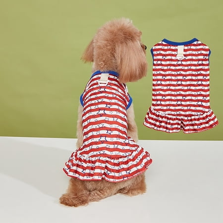 Red Blue Star Patterned Pet Dress Airy Breathable Apparel for Small Medium Cats Dogs 2.5-4kg Polyester Independence Day Outfit Washable Costume H