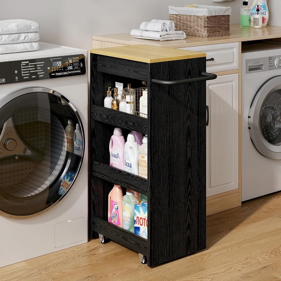 Wood Storage Cart 15.8" W, 4 Tier Rolling Kitchen Cart on Wheels, Slide Out Utility Cart, Organizer Trolley with Handle, Drawer for Kitchen, Laundry, Bathroom, Black