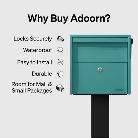 Adoorn Lockable Post Mount Mailbox | Small (Aegean Sea), Size 12 x 12 x 18.5 (HxWxD) Anti-Theft Locking Mailbox with 2 Keys, Modern Mailbox with Flag, Weatherproof Mailboxes for Outside (See the picture for the color)