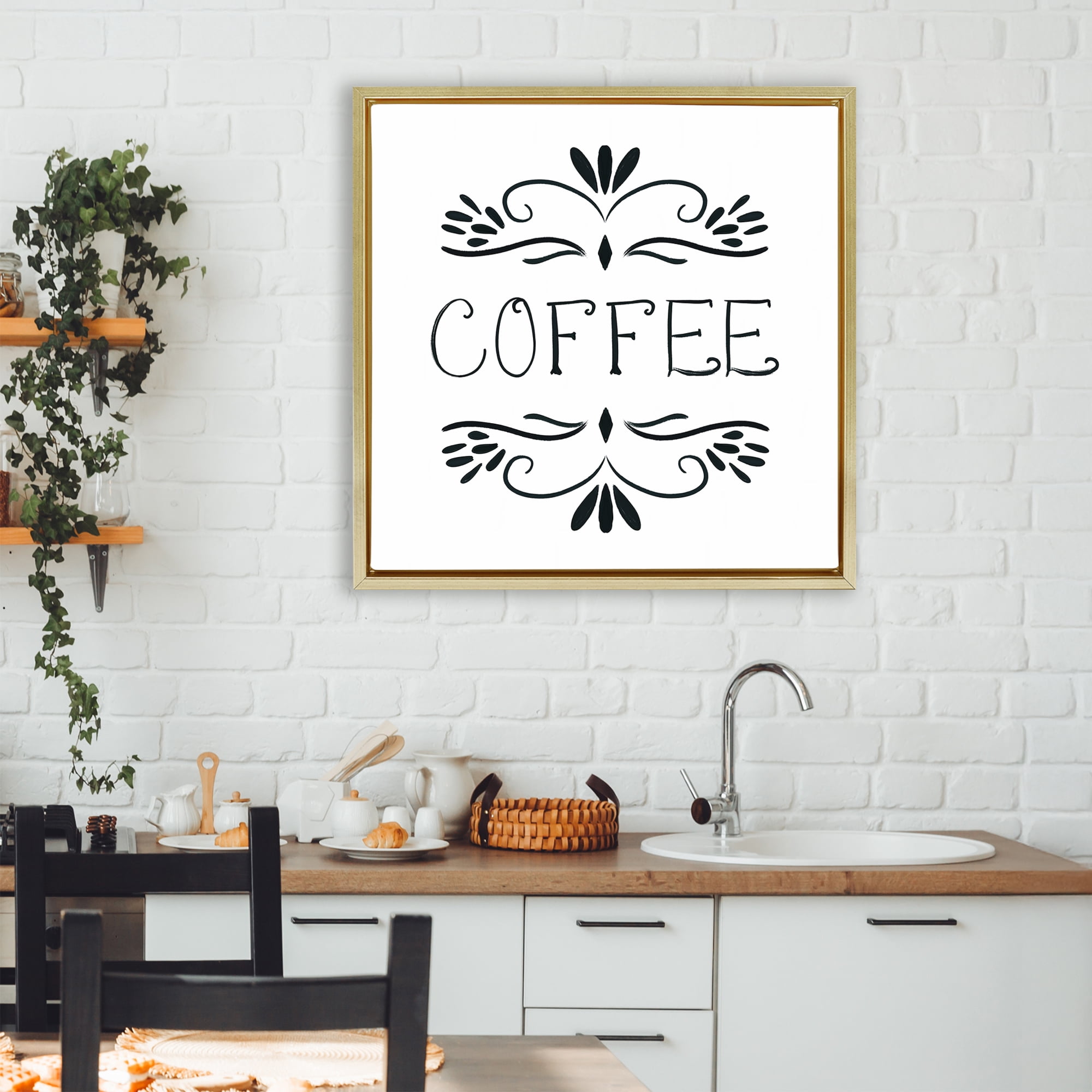 Stupell Industries Coffee with Floral Emblems Gold Framed Floater Canvas Wall Art, design by Lucille Price