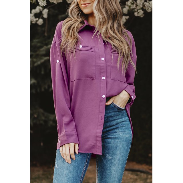 ABPHQTO Camisa abotonada de manga larga con bolsillo liso morado para mujer