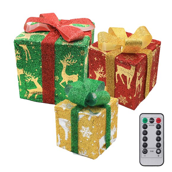 Juego de 3 cajas navideñas con luces LED y adornos luminosos para regalo navideño. Amarillo Rojo Verde