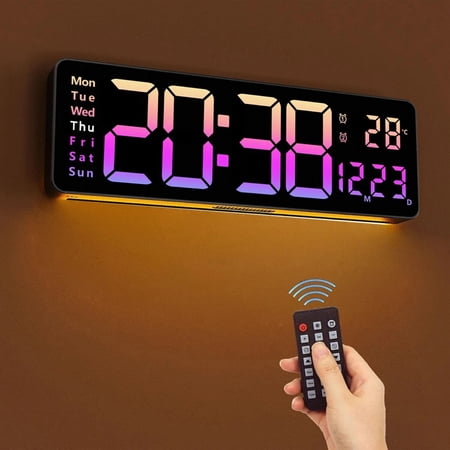 16 Large LED Digital Wall Clock with Remote, Automatic Brightness Adjustment, Temperature, Date, Calendar, 3 Alarms, Countdown Timer, for Bedroom, Living Room, Office