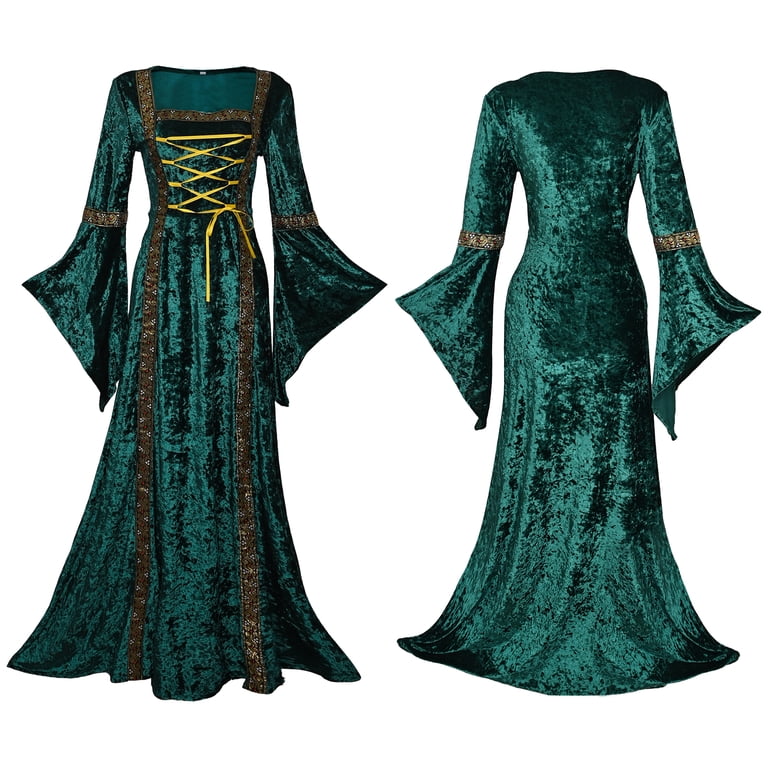 MYATED Renaissance Dress Women Medieval Dress Velvet Irish Dress Victorian  Vintage Costume for Halloween Cosplay Party,Green,M