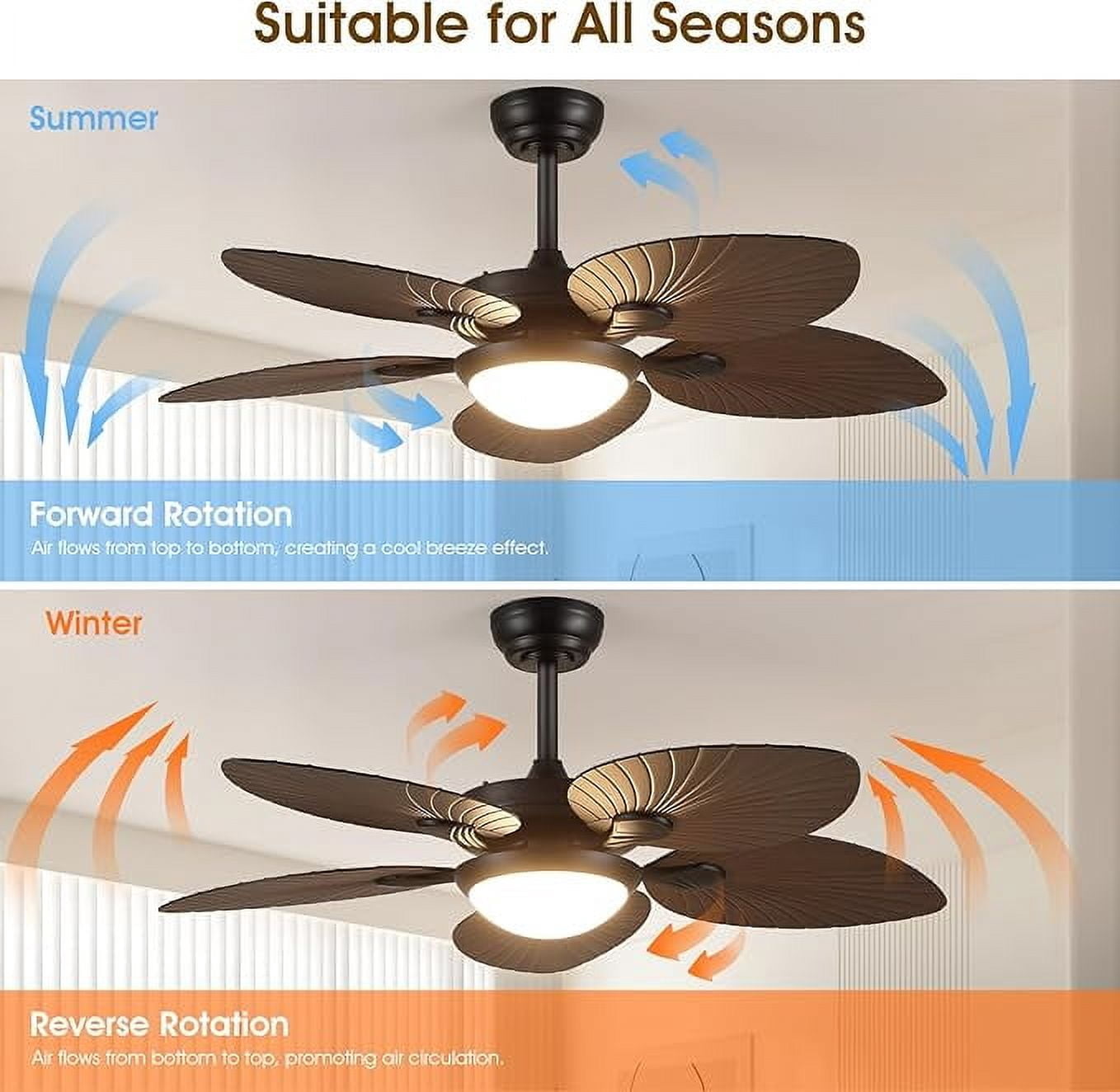 YIOSI 44" Tropical Palm Leaf Ceiling Fan with LED Lights, Remote/APP Control, Quiet Reversible Motor, Dimmable Lighting, Indoor/Outdoor Ceiling Fans for Patios, Porches, Bedrooms - Brown