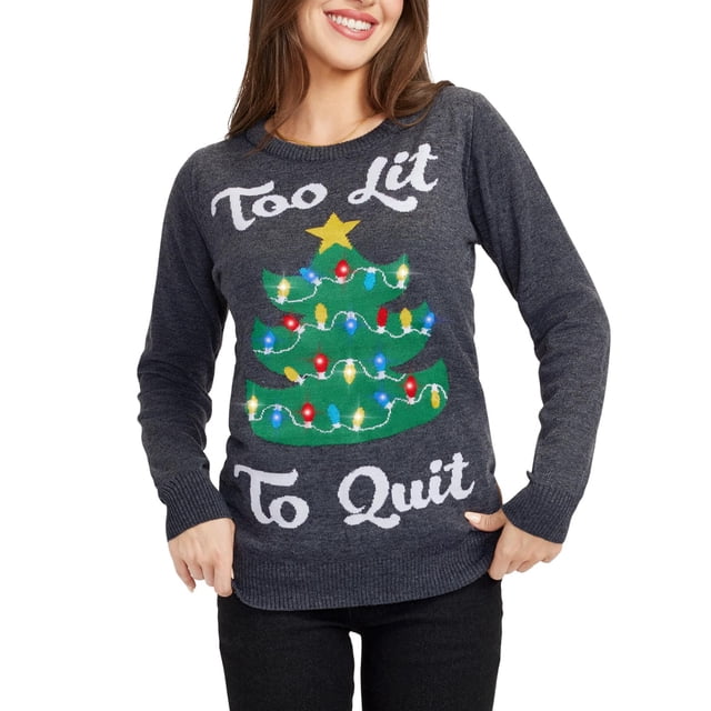 Tipsy Elves Suéter demasiado iluminado para dejar de fumar para mujer - Suéter navideño con árbol iluminado: S