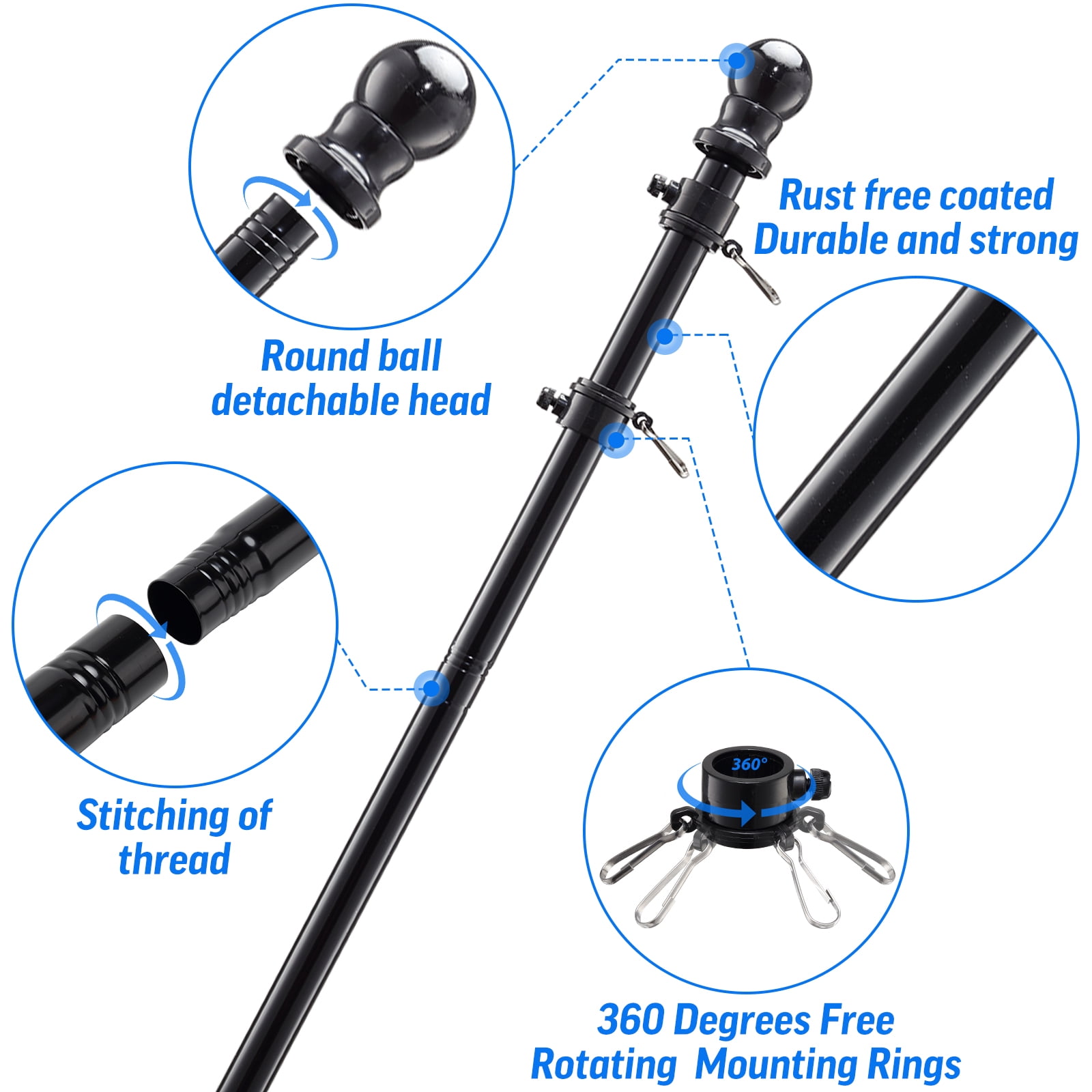 DIIG 6FT Flag Pole Kit For American Flag, Stainless Steel Rustproof FlagPoles And Mounting Bracket For Outdoor Residential House Garden Yard Truck-Black Color