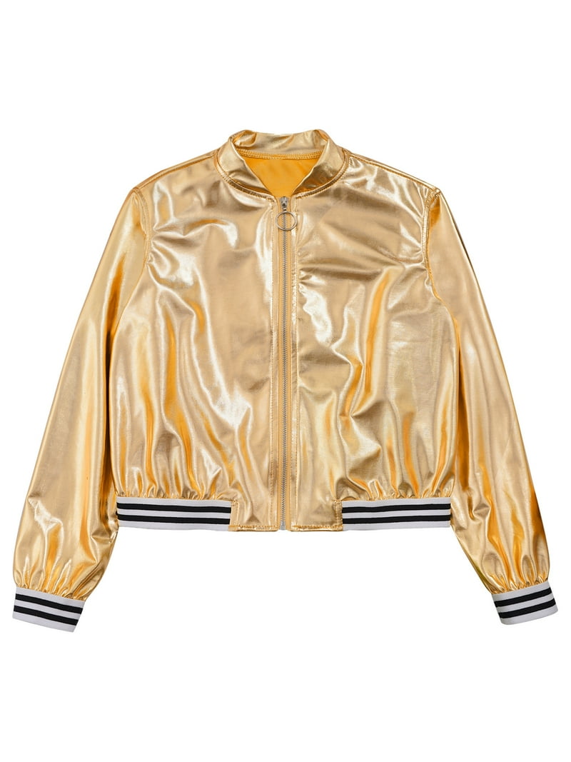 inhzoy Kids Girls Metallic lightweight Zip-Up Bomber Jacket