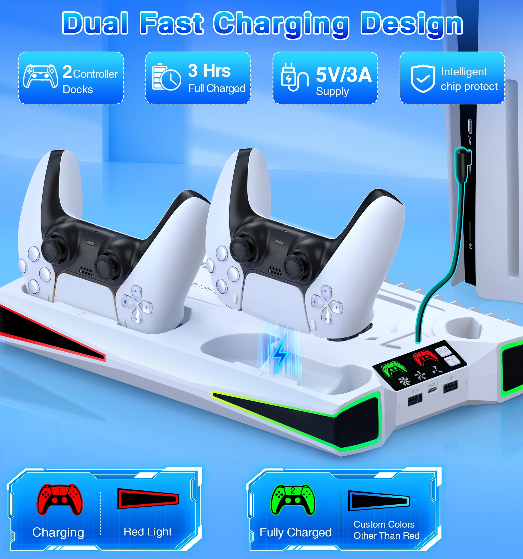 PS5 Stand Cooling Station for PS5/PS5 Slim with Controller Charger, ESYWEN PS5 Accessories for PlayStation 5- White