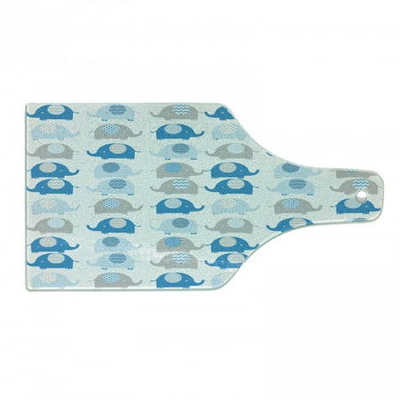 

Cartoon Cutting Board Lovable Elephants with Abstract Designs on Their Body Chevron Lines Dots Motifs Decorative Tempered Glass Cutting and Serving Board Wine Bottle Shape Grey Blue by Ambesonne