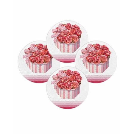 Valentine s Day Round Placemats Set of 4 Red Rose Flower Place Mats Washable Woven Placemat Bow Tie Pink Stripe Box Circle Braided Table Mat for Kitchen Dining Table Wedding Party Home Decor 15 Inch