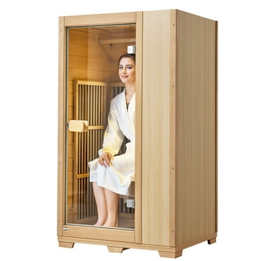 SKYSHALO Infrared Sauna for Solo Use, Hemlock Wood Construction with Clear Glass Door, Features LED Light & Bluetooth Audio, 1140W, Designed for Indoor Relaxation, Low EMF