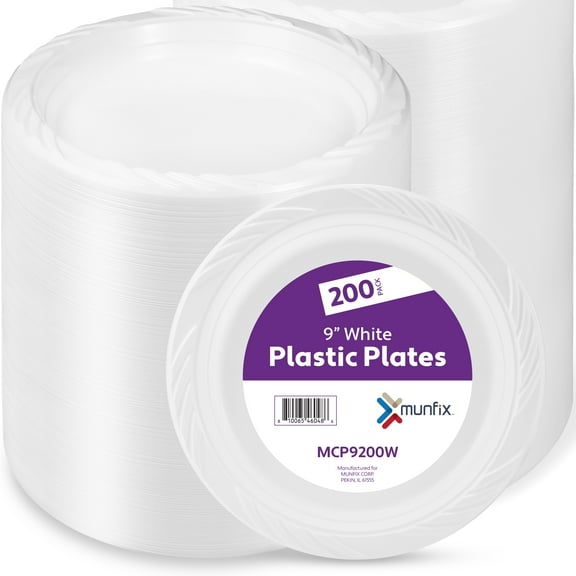 9 Inch White Plastic Plates 200 Bulk Pack - Disposable Plates for BBQ Party Dinner Travel and Events, Microwavable Recyclable