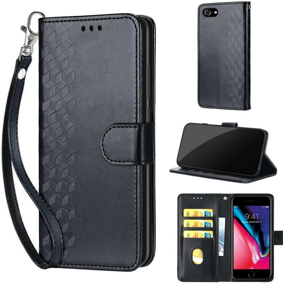 Embossed Pattern Wallet Case for iPhone SE 2022 & 2020, Flip Luxury PU Leather Case with Card Holder Wrist Strap, Full Body Shockproof Protection Stand Folio Cover for iPhone 7 / iPhone 8, S1black