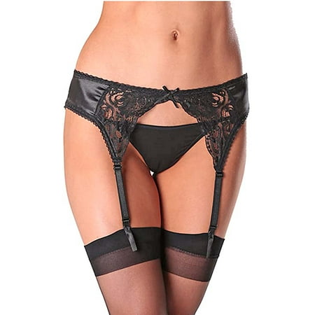 

Womens Black Satin and Lace Garter Belt Thong and Stocking Lingerie Set