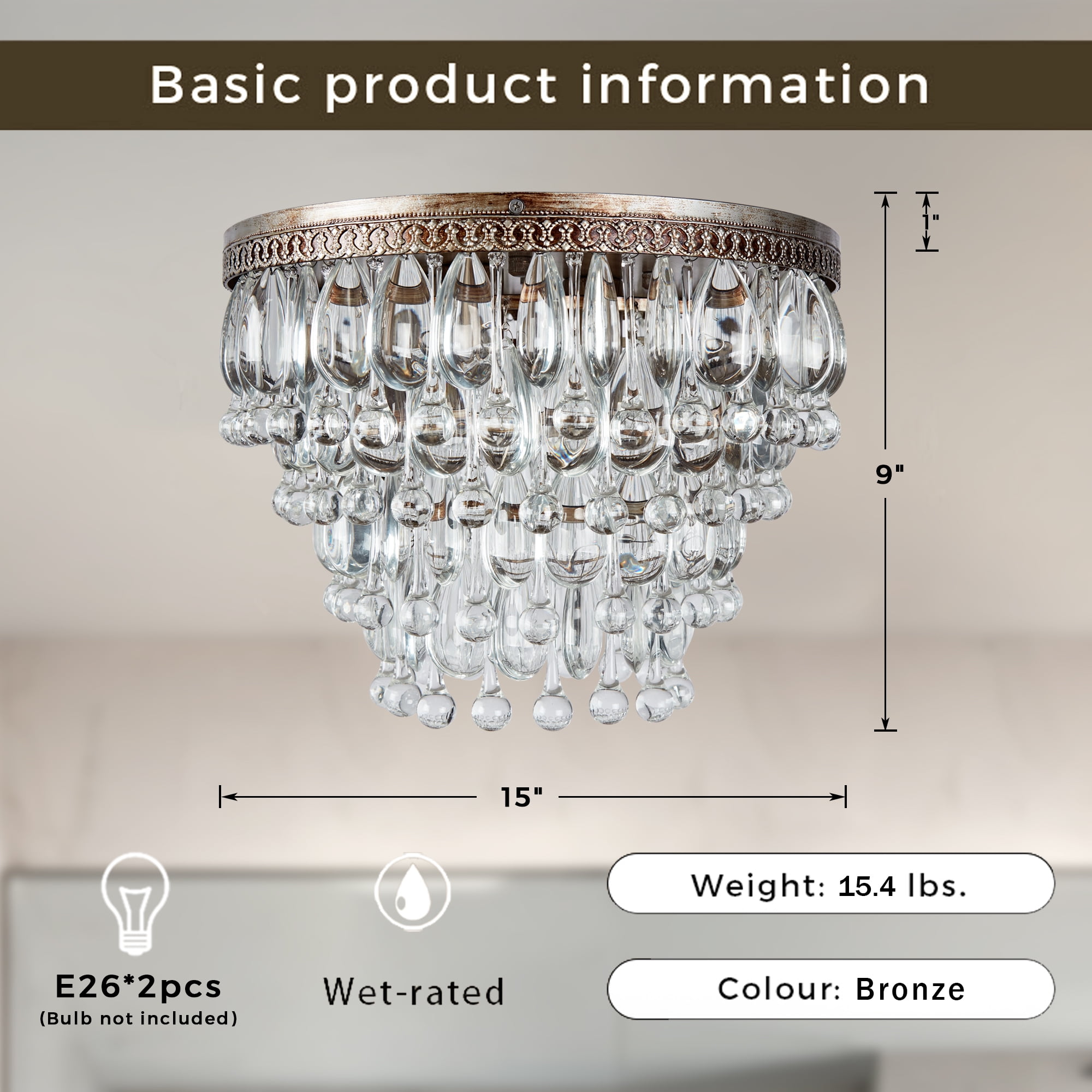 Vintage Antique Bronze Semi Flush Mount, 15 Inch Crystal Droplets Flush Mount Light, Unique Elegant Metal Close to Ceiling Light for Lving Room, Dining Room, Bedroom