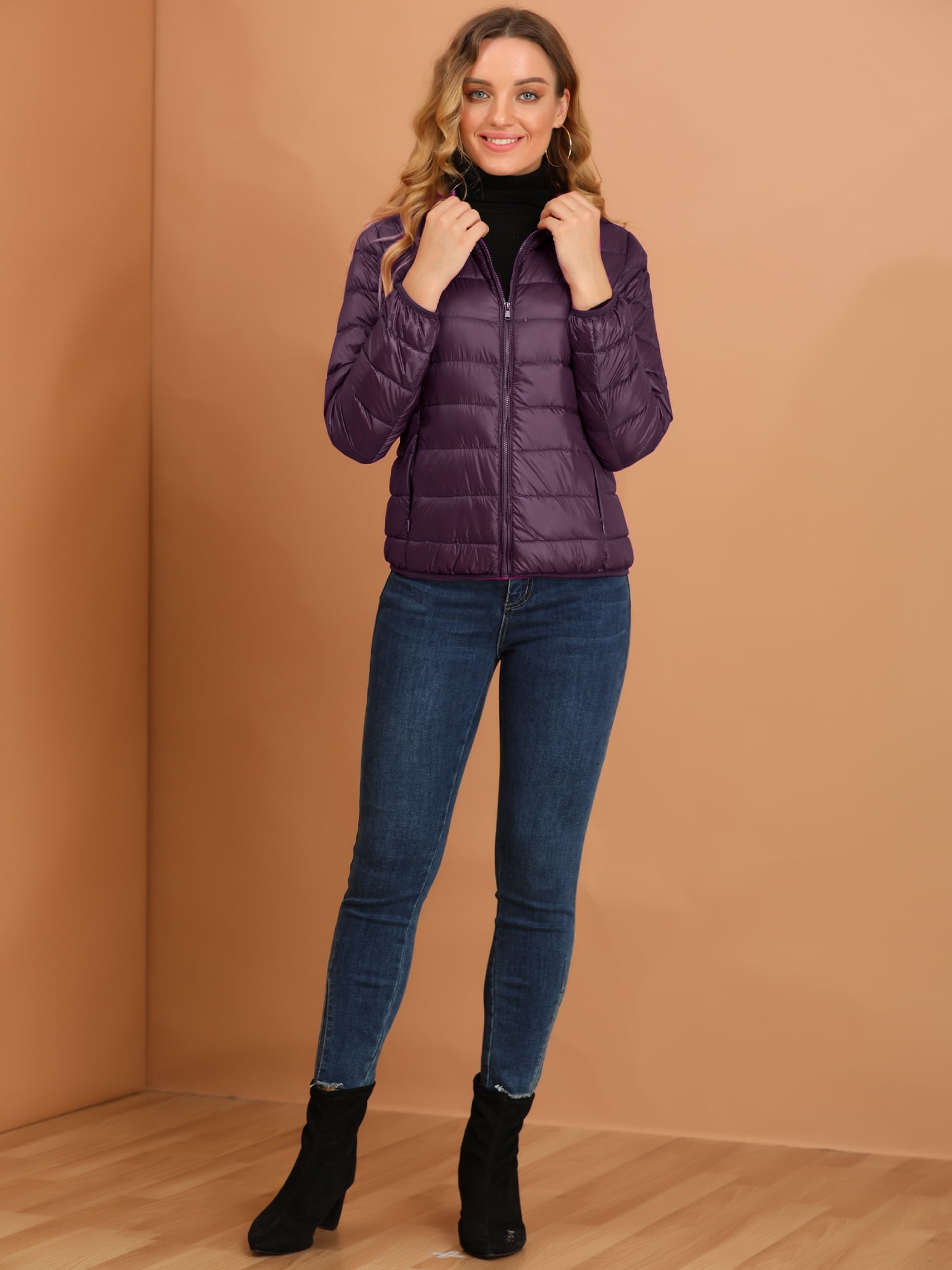 DARING DIVA Women's Hooded Zip Up Short Down Lightweight Jacket XL Purple