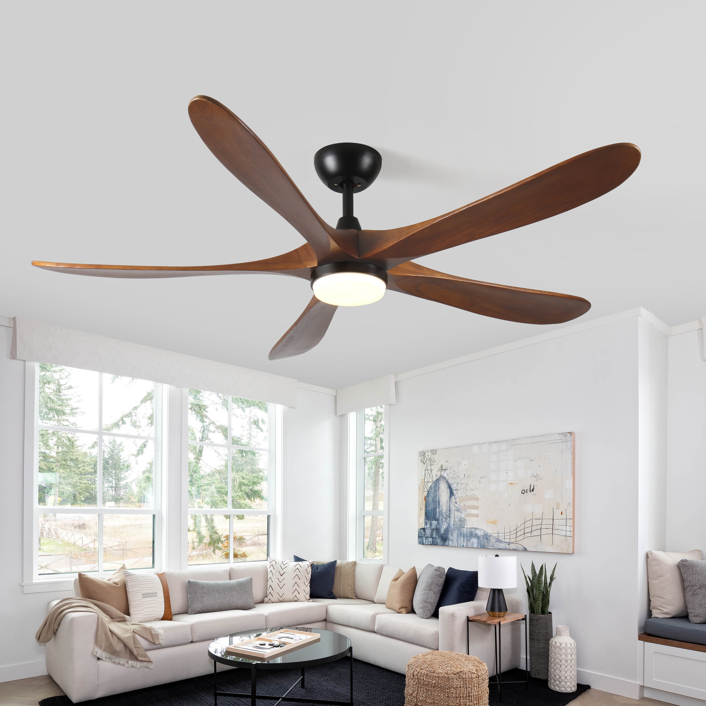 Ceiling Fan with Lights, 62 Inch Solid Wood LED Remote Ceiling Fan for Patio Bedroom Farmhouse Household, Antique Brown