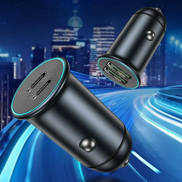 Cargador de coche de 60W PD QC3.0 - Enchufe de cargador metálico doble USB-C Mini, diseño compacto de 12-24V para carga rápida
