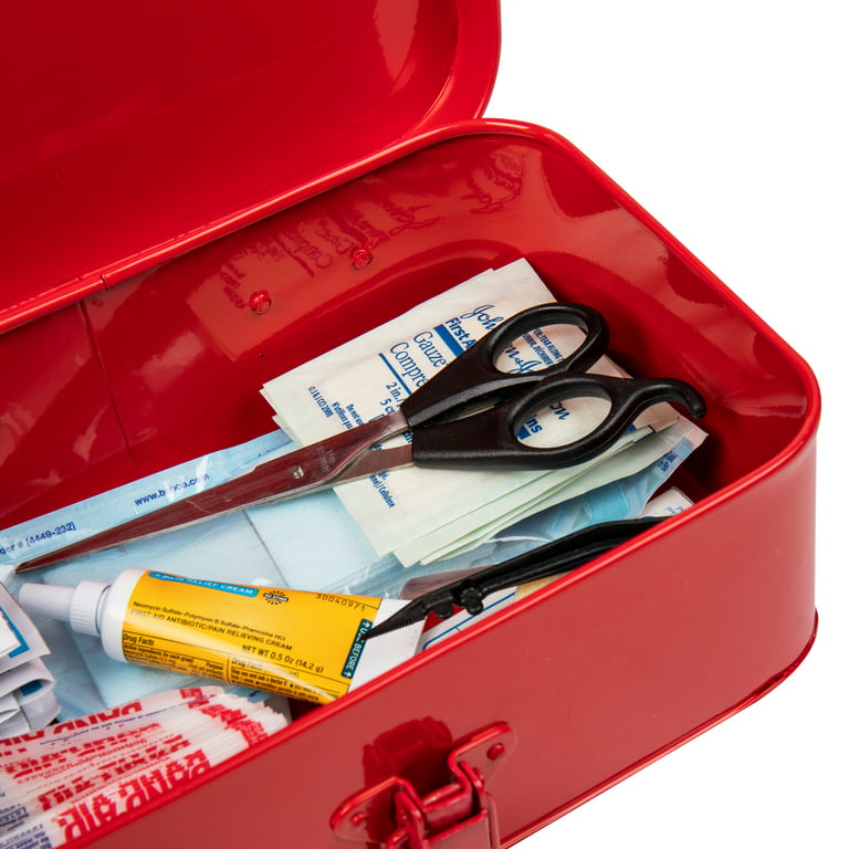 Mind Reader First Aid Box, Emergency Kit, Medical Supply Organizer, Buckle  Lock, Metal, 6.69L x 9.45W x 3.15H, Red 