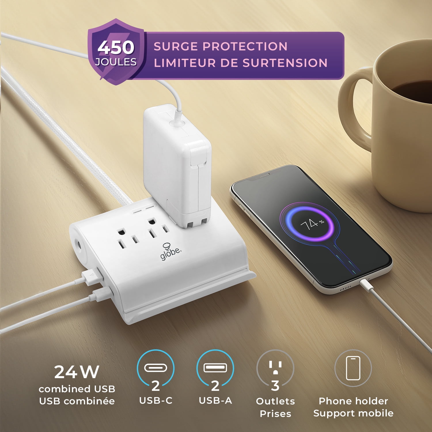 Barre à 3 prises blanche avec parasurtenseur, 4 ports USB et cordon en tissu de 1,8 m (6 pi) de Globe Electric