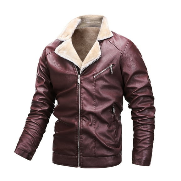 Holloyiver Men Casual Solid Retro Zipper Fashion Motorcycle Plus Velvet Turndown Leather Winter Jacket Coats Burgundy