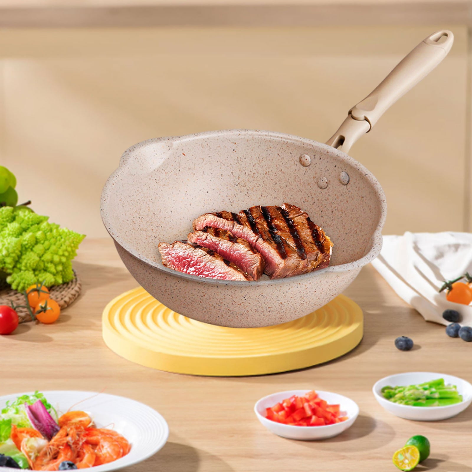 Miyuadkai Medical Stone Frying Pan, Thickened Bottom Stone Frying Pan Multifunction Non Stick Pans Deep Nougat Pot Mouth Wok Pan 20Cm, Pot*1