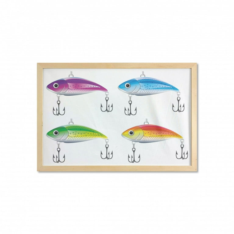 Fishing Wall Art with Frame, Composition of Fishing Lures in Trout Shape  Trap for Sea Mammals Creatures Picture, Printed Fabric Poster for Bathroom