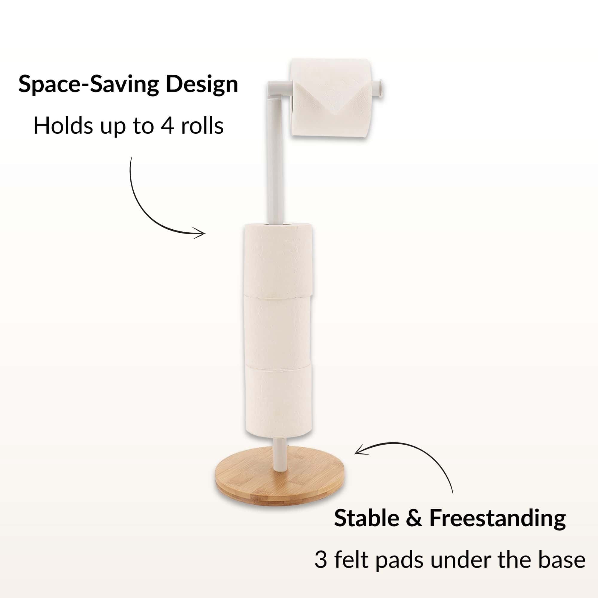 White Freestanding Toilet Paper Holder Stand with Bamboo Base