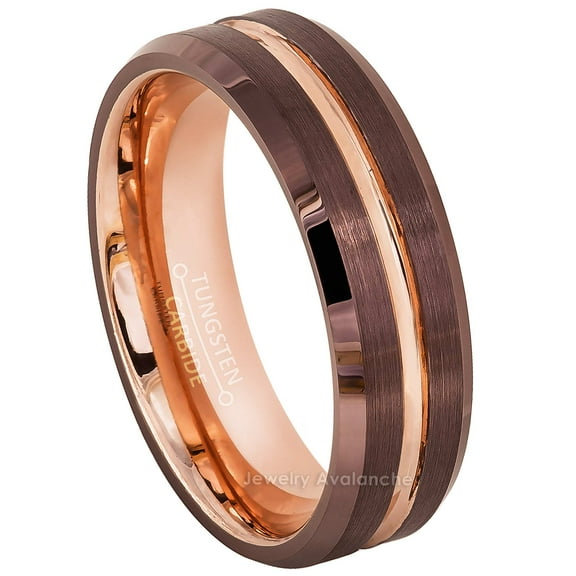 6mm 2-Tone Brushed Finish Brown & Rose Gold IP Grooved Tungsten Carbide Wedding Band Engagement Ring Comfort Fit - #960PLs9.5