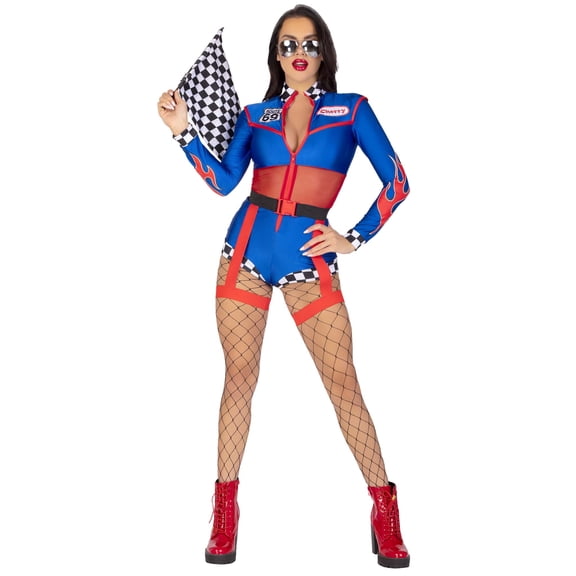 Leg Avenue Women's 2 Pc Cherry Bomb Racer Costume with Long Sleeve Zip Up Romper, Belt With Attached Garter