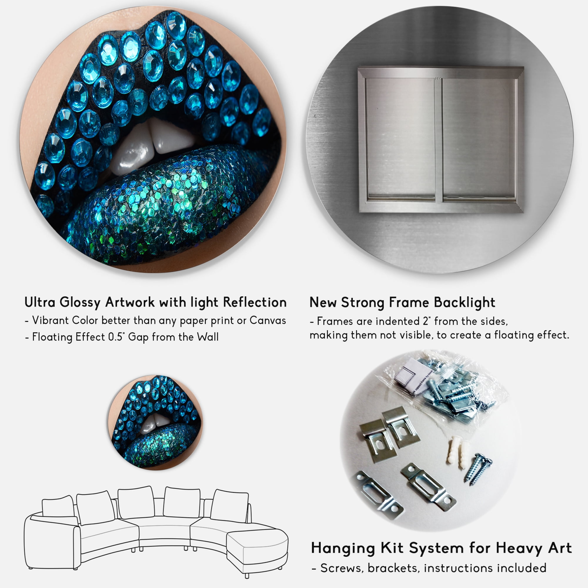 Designart 'Woman Lips With Black Lipstick Blue Diamonds' Modern Circle Metal Wall Art 11x11 - Disc of 11
