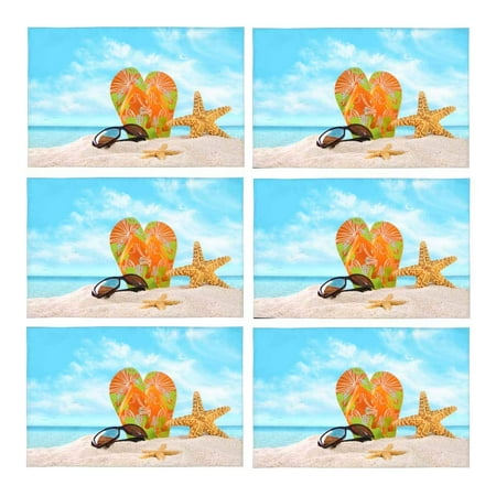 

MKHERT Pair of Flip- Flops in The Sand with Starfish Placemats Table Mats for Dining Room Kitchen Table Decoration 12x18 inch Set of 6