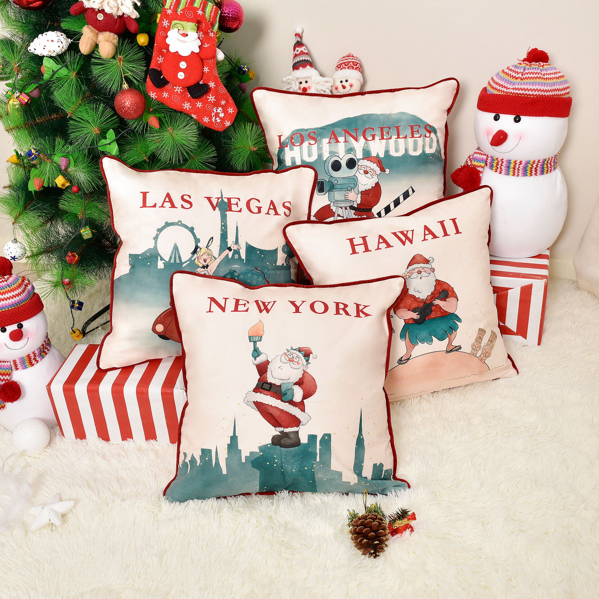 Christmas Throw Pillow Covers, Soft Pillow Covers with Hand Drawn Santa