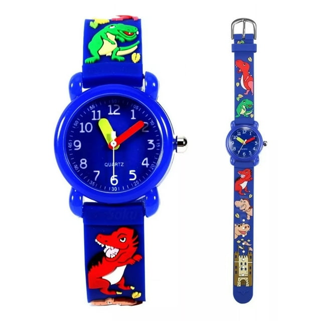 Reloj Led Niños Dinosaurios Kawai 3d Impermeable Mov Japones Correa Azul Bisel Azul marino Fondo Azul marino