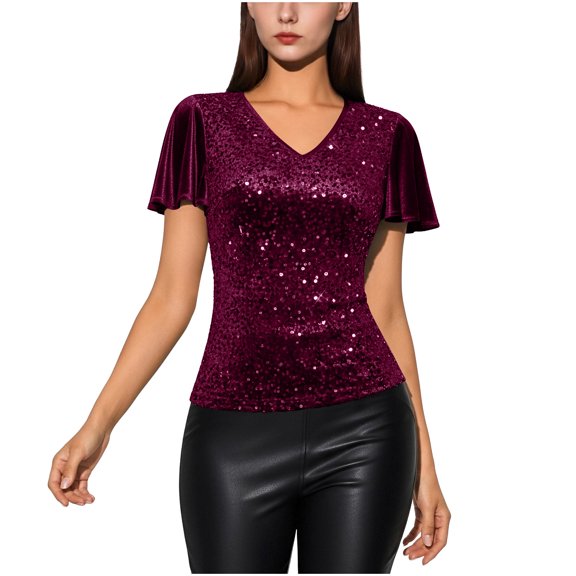 BLVB Women's Sparkle Sequin Top Glitter V Neck T Shirt Party Concert Tee Shirt Blouses Holiday Outfits