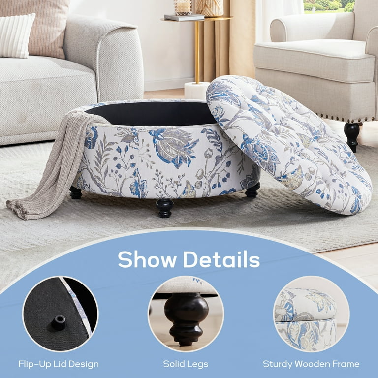 HUIMO 30.1-Inch Round Storage Ottoman, Upholstered Button Tufted 