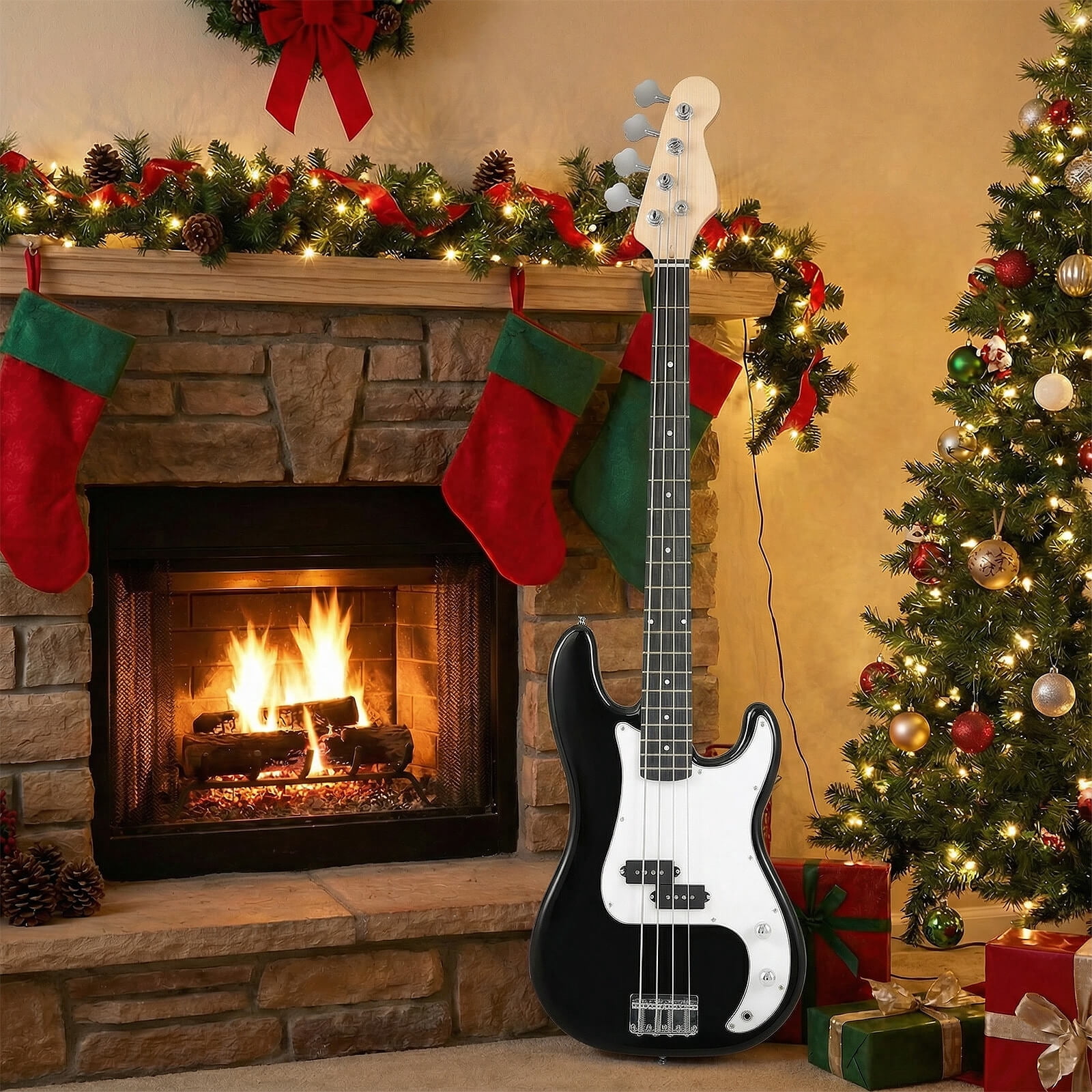 Costway 45.5” Electric Bass Guitar with Double Pickups, Open-gear Tuning, Gig Bag, Rope Black + White