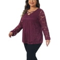 thumbnail image 4 of Blusa casual de mujer de talla grande Agnes Orinda con doble capa, encaje, mangas largas, escote en V, transparente, 4X color púrpura y rojo, 4 of 6