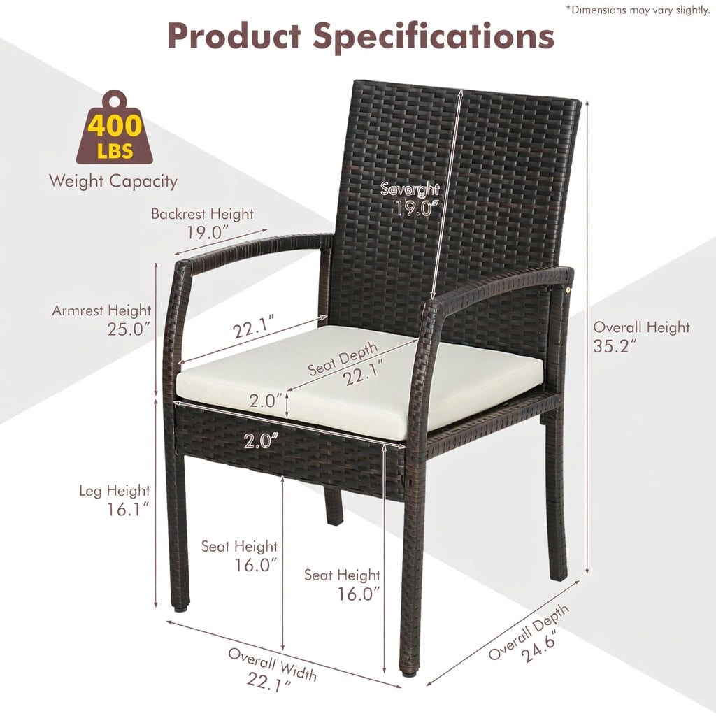Hommoo 2-Pack Outdoor Wicker Dining Armchairs with Removable Off-White Cushions, PE Rattan Patio Chairs for Backyard, Porch & Poolside, Black