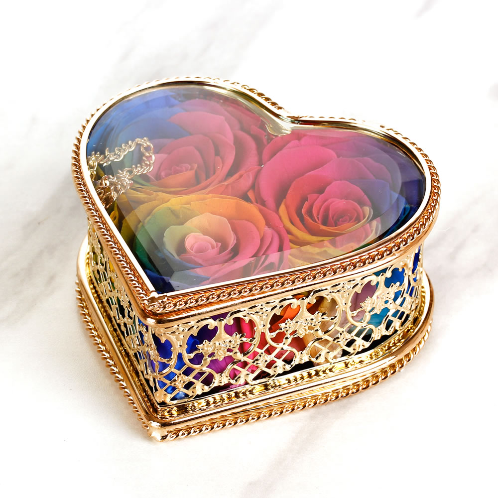 Enchante Preserved Forever Rose Vintage Heart Jewelry Box, Wedding Anniversary Birthday Valentine's Day Mother's Day Gift Eternity Flower, Rainbow